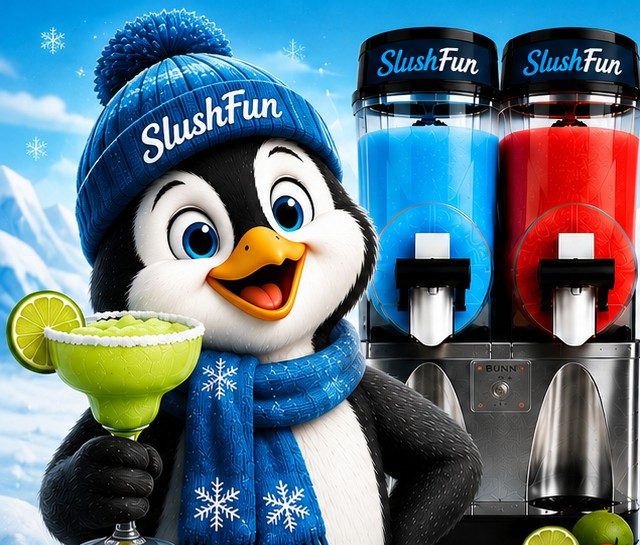 The SlushFun penguin mascot holding a frozen margarita next to a two-bowl frozen drink machine